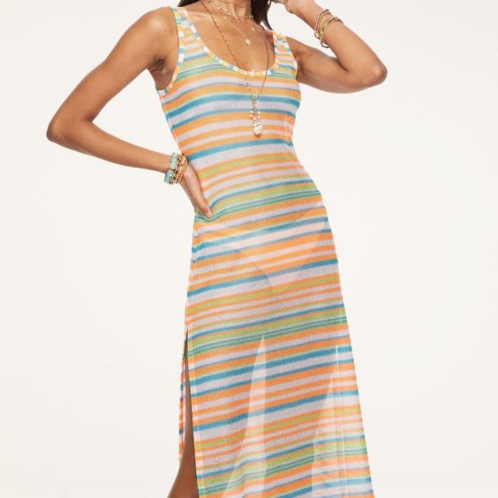 NWT Ramy Brook Swim Cover-Up Maxi Dress- Violet Rainbow Stripe Neon Tank Sheer